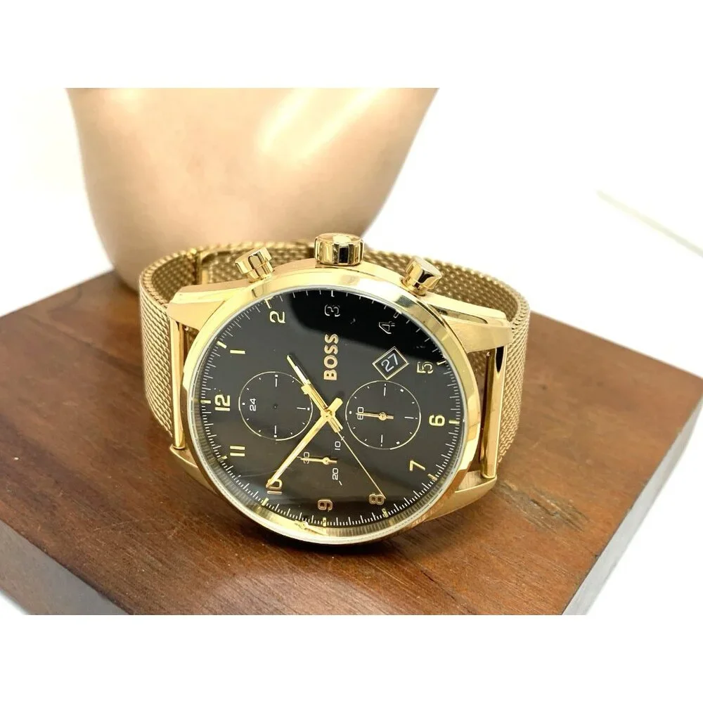 Hugo Boss Men's Watch 1513838 Quartz Chronograph Black Dial Gold Mesh Steel 44mm